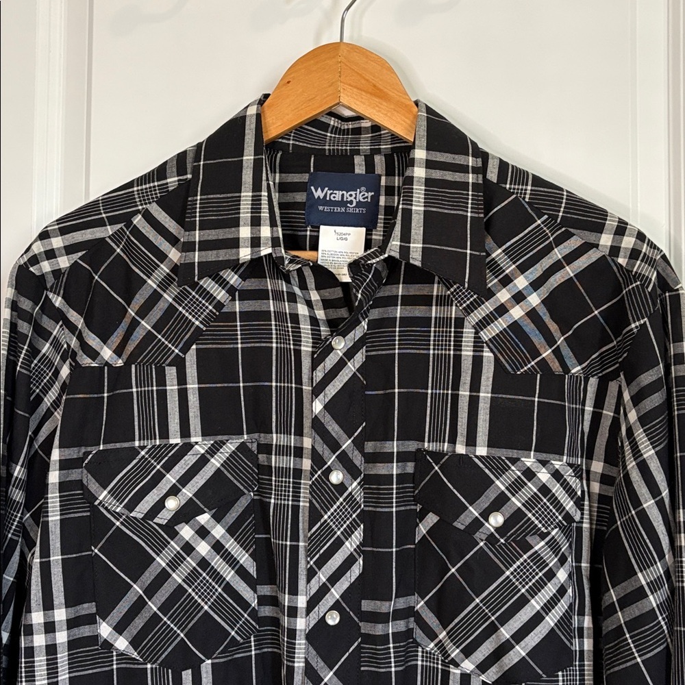 Wrangler Western Plaid Shirt Pearl Snap Long Sleeve Black White Size Large - Picture 2 of 12